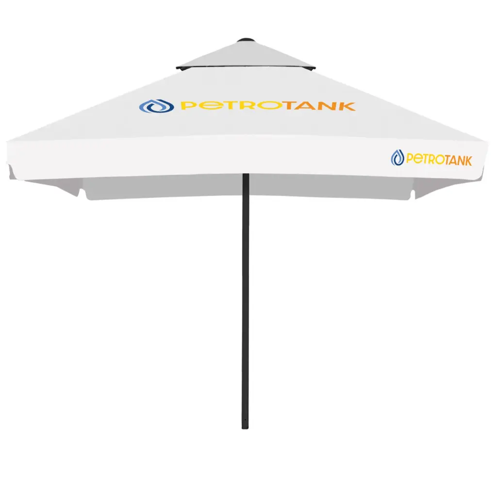 Easy Up Plus parasol with print on plain polyester fabric (square / 3.5 m / 4 panels, with second roof, 100% polyester woven fabric, fabric weight 210± 10 g/m², 1807001 White, with valance / white trim, aluminum frame, anthracite RAL 7021 powder paint, pole ⌀60 mm, 1 pc in a carton box with hole for the pole)