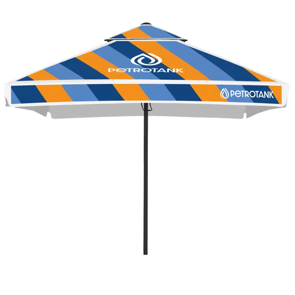 Parasol DarkLume w sitodruku płaskim (kwadrat / 3,5 m / 4 panele, z drugim daszkiem, tkanina 100% poliester, gramatura 215± 10 g/m², bez owiewki / lamówka podwinięta, stelaż aluminiowy, antracyt RAL 7021 farba proszkowa, maszt ⌀60 mm, 1 szt. w kartonie z otworem na maszt)