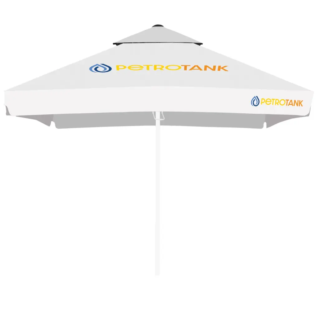 Poszycie parasola DarkLume z nadrukiem na tkaninie jednolitej PES (kwadrat / 3,5 m / 4 panele, z drugim daszkiem, tkanina 100% poliester, gramatura 210± 10 g/m², 1807001 White, z owiewką / lamówka biała, do 5 szt. w kartonie)