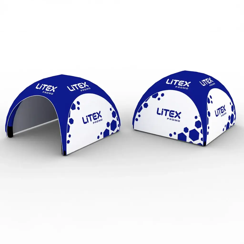 AirBlock airtight inflatable gazebo tent (AirBlock Namioty, 100% polyester fabric, 235 g/m² weight + sublimation printing, set of textile stripes and metal pins, 3,0 m x 3,0 m, Electric fan included, without a wall, without a wall, without a wall, without a wall, plain colour – white, Lack)
